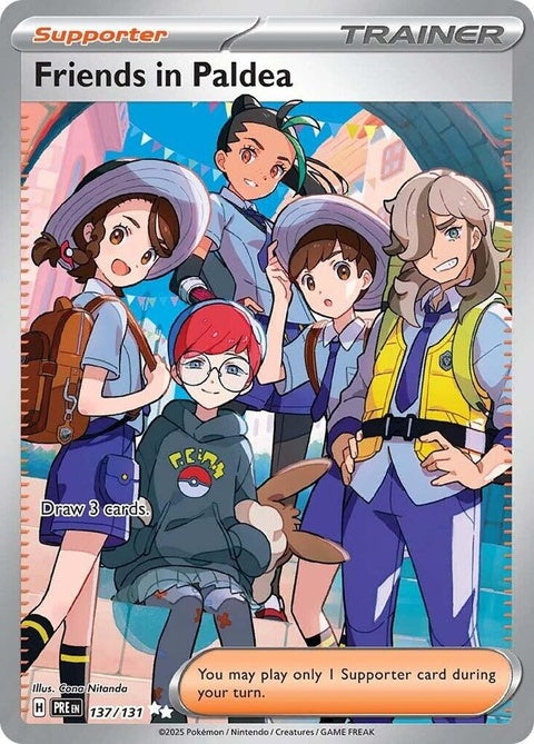 Pokémon Prismatic Evolutions Friends In Paldea 137 single trading card featuring vibrant Pokémon artwork and colorful design.