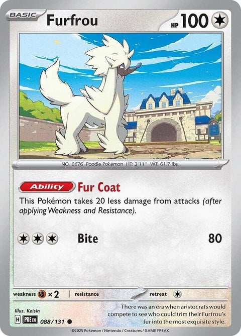 Pokémon Prismatic Evolutions Furfrou single card featuring a detailed illustration of the dog Pokémon on a vibrant background.