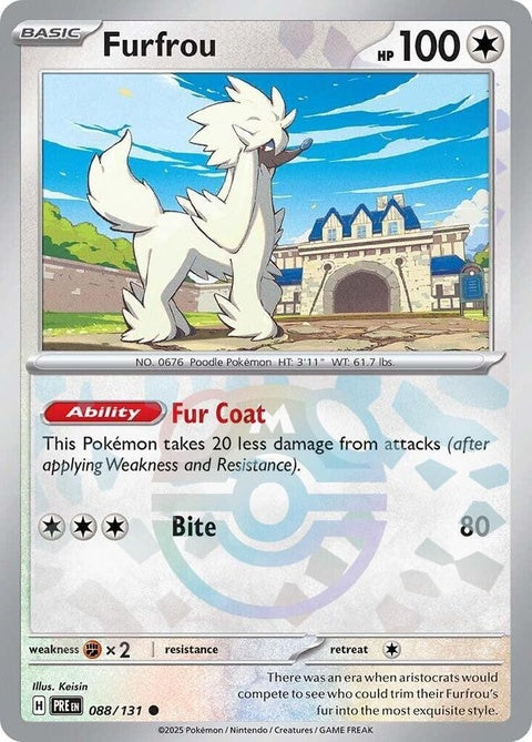 Pokémon Prismatic Evolutions Furfrou card featuring a Master Ball pattern, showcasing a detailed illustration of the Pokémon.