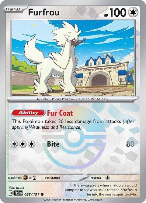 Pokémon Prismatic Evolutions Furfrou card with Poke Ball pattern, showcasing vibrant colors and detailed Pokémon design.