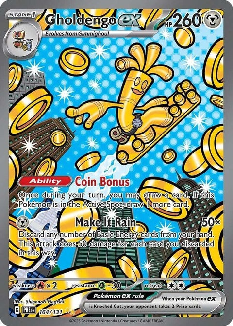 Pokémon Prismatic Evolutions Gholdengo EX card, featuring vibrant artwork and intricate design, perfect for collectors and players.