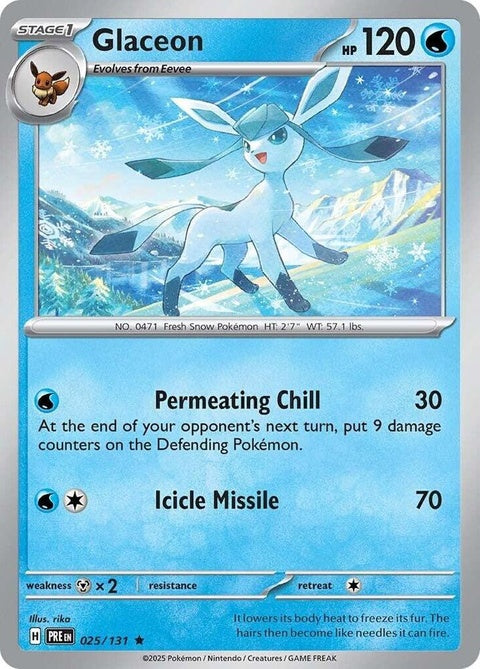 Pokémon Prismatic Evolutions Glaceon 25 card featuring a detailed illustration of the Ice-type Pokémon in vibrant colors.