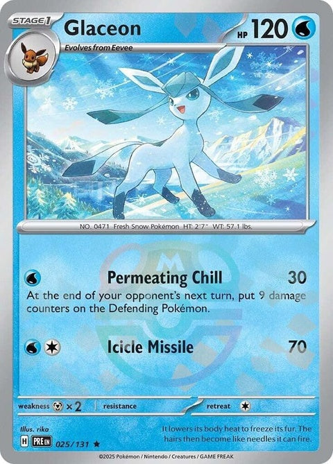 Prismatic Evolutions Glaceon Pokémon card with Master Ball pattern, featuring a detailed illustration of Glaceon in a vibrant design.