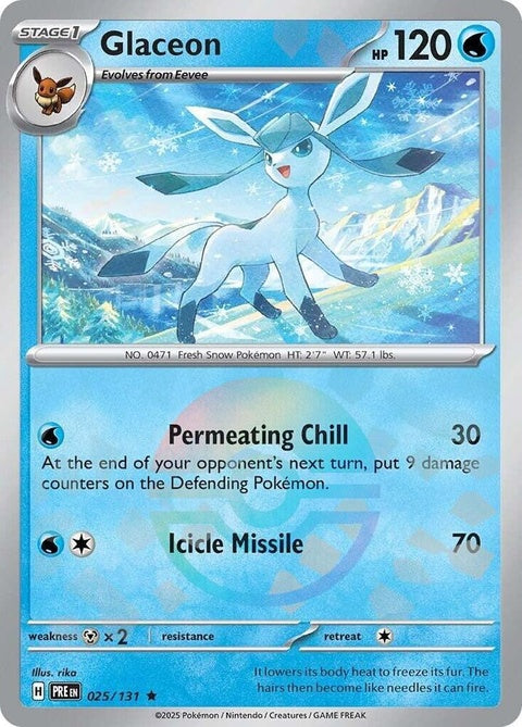 Prismatic Evolutions Glaceon Pokémon card with Poke Ball pattern, featuring a shiny ice-type Pokémon in a vibrant design.