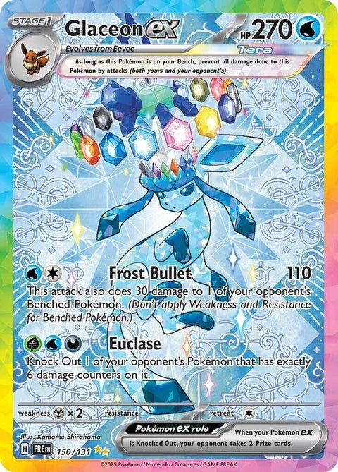Pokémon Prismatic Evolutions Glaceon EX 150 card featuring a detailed illustration of Glaceon in a dynamic pose.