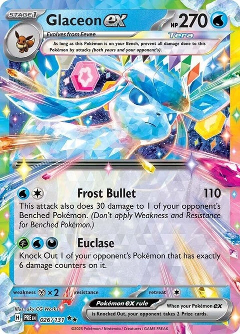 Pokémon Prismatic Evolutions Glaceon EX single card featuring vibrant artwork of the Ice-type Pokémon Glaceon with holographic details.