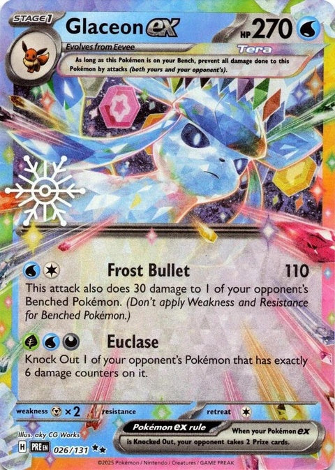 Pokémon Prismatic Evolutions Glaceon EX card from the Holiday Calendar, featuring vibrant artwork of the Ice-type Pokémon.