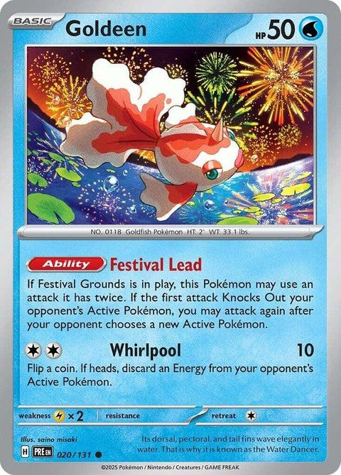 Pokémon Prismatic Evolutions Goldeen 20 trading card featuring artwork of the Water-type Pokémon Goldeen from the Pokémon series.