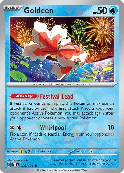 Pokémon Prismatic Evolutions Goldeen card featuring a Master Ball pattern, showcasing vibrant colors and detailed artwork.