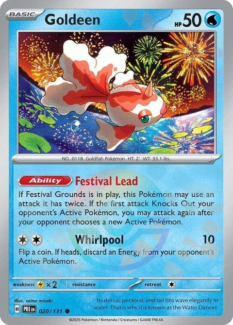 Pokémon Prismatic Evolutions Goldeen card with Poke Ball pattern, featuring vibrant, colorful artwork on a single card.