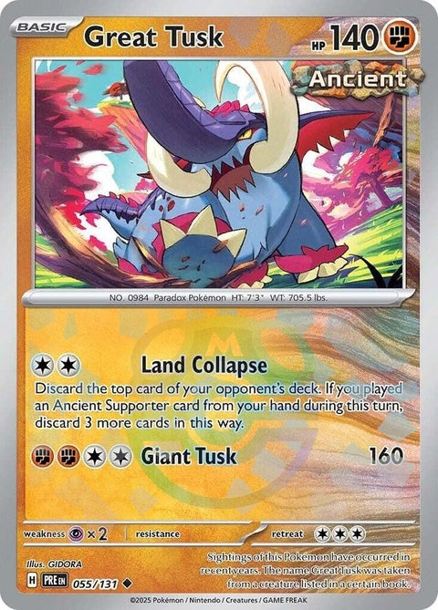 Pokémon Prismatic Evolutions Great Tusk card with Master Ball pattern, showcasing vibrant colors and detailed artwork.