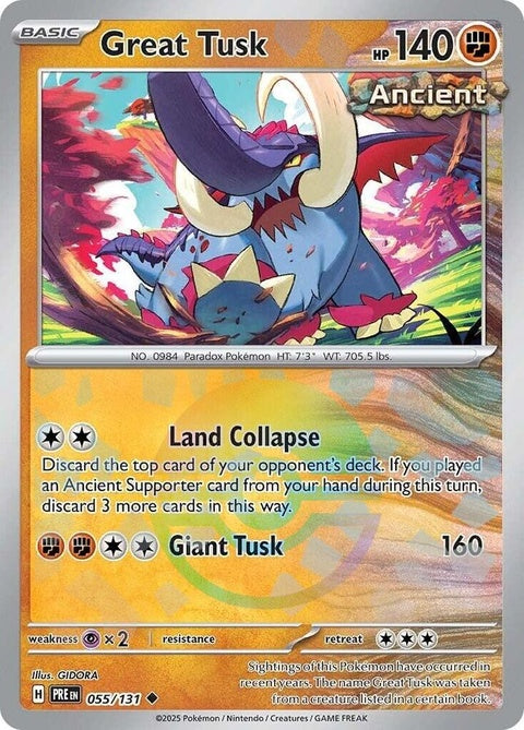 Pokémon Prismatic Evolutions Great Tusk card featuring a Poke Ball pattern, designed for singles gameplay.
