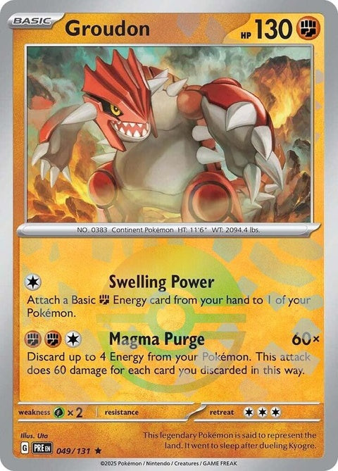 Prismatic Evolutions Pokémon Groudon card with Poke Ball pattern, showcasing vibrant colors and detailed artwork.