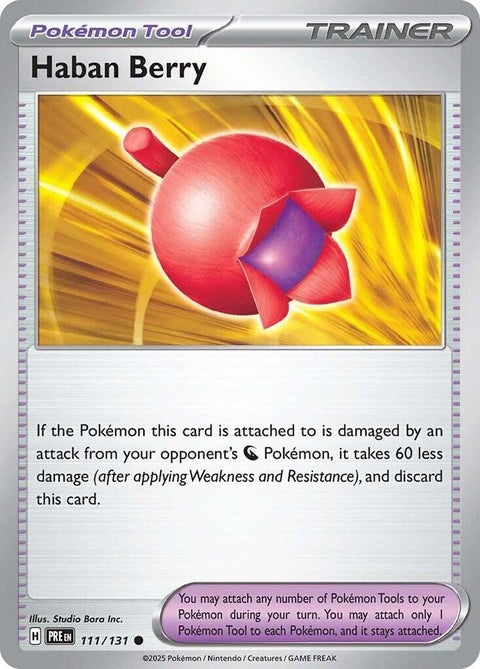 Pokémon Prismatic Evolutions Haban Berry Singles card with vibrant holographic design and colorful artwork.