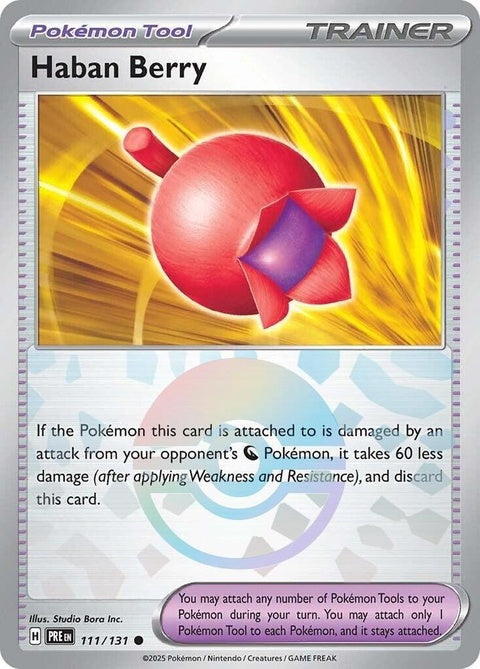 Pokémon Prismatic Evolutions Haban Berry card with Poke Ball pattern, featuring vibrant colors and detailed artwork.