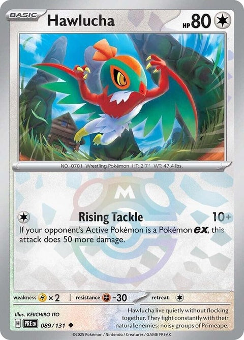 Pokémon Prismatic Evolutions Hawlucha card with Master Ball pattern, featuring vibrant artwork and detailed design.