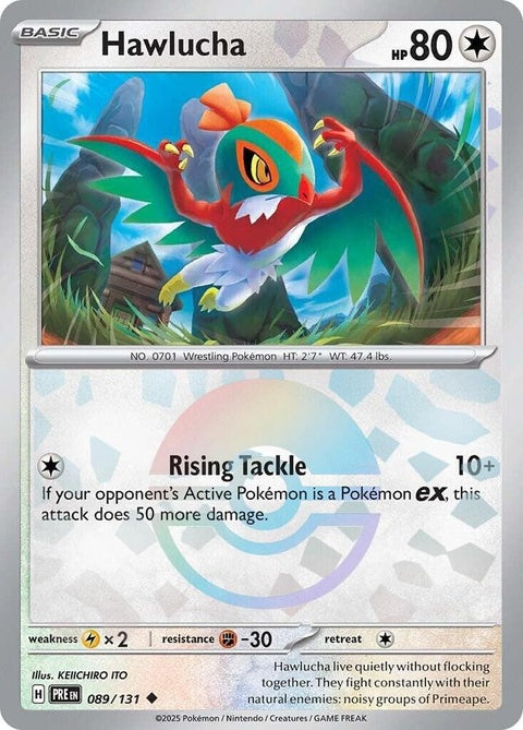 Prismatic Evolutions Hawlucha Pokémon card with Poke Ball pattern, showcasing vibrant colors and detailed artwork in a singles card.