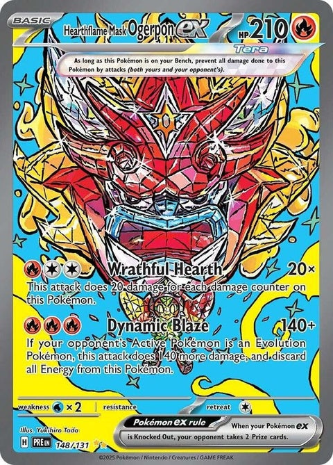 Pokémon Prismatic Evolutions Hearthflame Mask Ogerpon EX single card featuring vibrant artwork and detailed design.