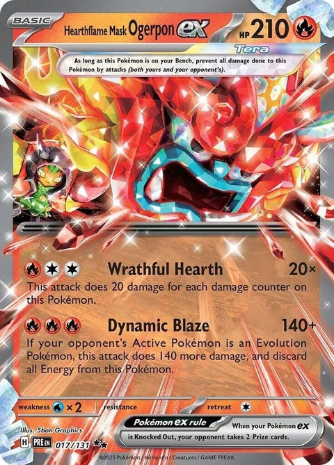 Pokémon Prismatic Evolutions Hearthflame Mask Ogerpon EX single card, vibrant artwork featuring Ogerpon with fiery design.