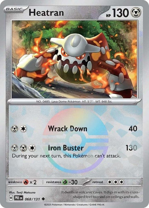 Pokémon Prismatic Evolutions Heatran card with Poke Ball pattern, featuring vibrant colors and detailed Pokémon artwork.