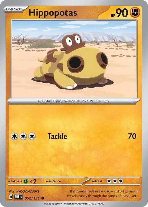 Pokémon Prismatic Evolutions Hippopotas single card, featuring artwork of a Hippo-inspired Pokémon in a colorful design.
