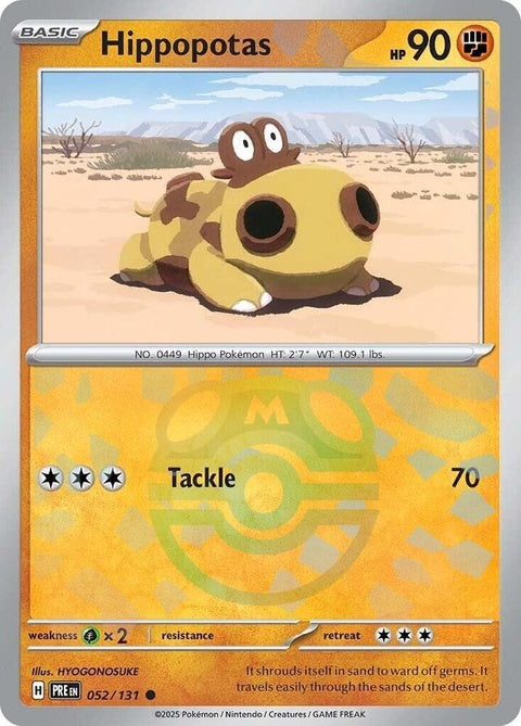 Pokémon Prismatic Evolutions Hippopotas card with Master Ball pattern, singles trading card featuring unique artwork.