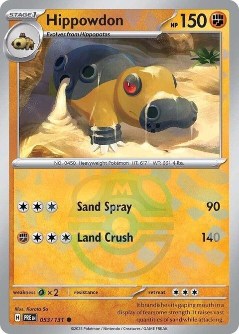 Pokémon Prismatic Evolutions Hippowdon card with Master Ball pattern, featuring detailed artwork and vibrant colors.