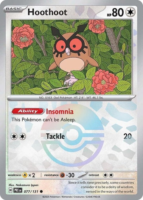 Pokemon Prismatic Evolutions Hoothoot card with Poke Ball pattern, featuring a colorful illustration of the bird Pokémon.