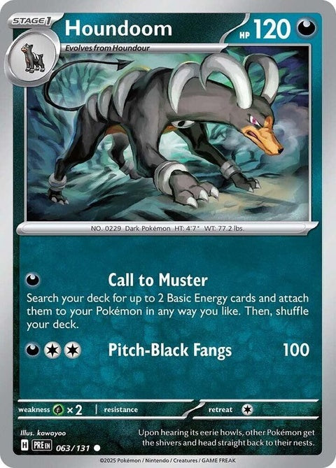 Pokémon Prismatic Evolutions Houndoom card featuring a fierce black and orange Houndoom with dynamic artwork and holographic details.