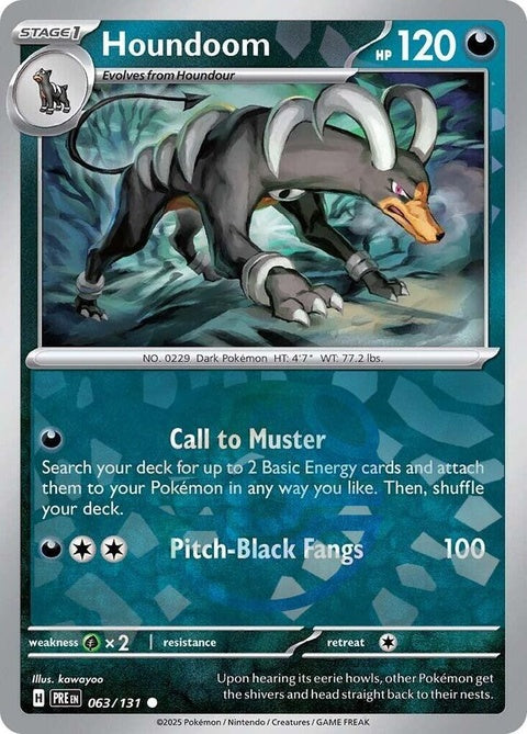 Prismatic Evolutions Houndoom Pokémon card with Master Ball pattern, featuring a dark, fierce Houndoom in a vibrant design.