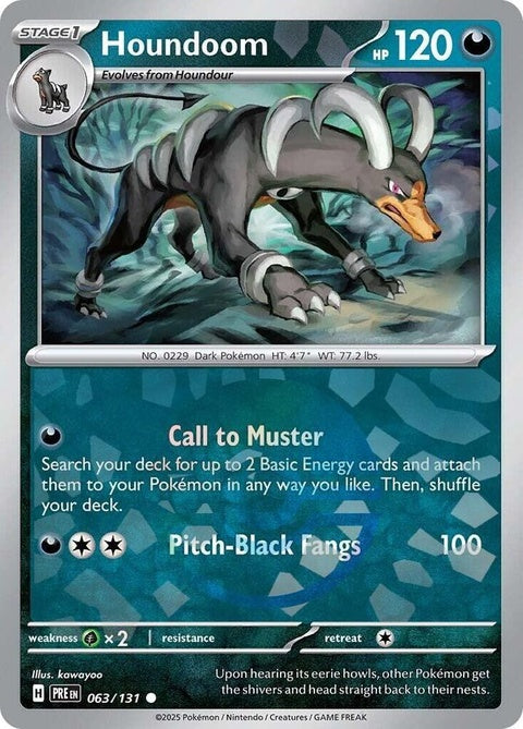 Pokémon Prismatic Evolutions Houndoom card with Poke Ball pattern, featuring vibrant artwork and detailed design.