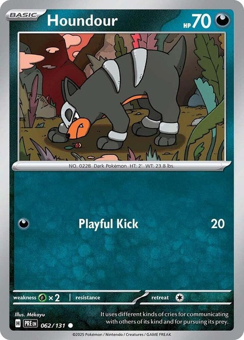 Pokémon Prismatic Evolutions Houndour Pokémon card, featuring a detailed illustration of Houndour in a vibrant design.
