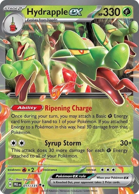 Pokémon Prismatic Evolutions Hydrapple EX single card featuring vibrant artwork of Water type Pokémon Hydrapple EX.