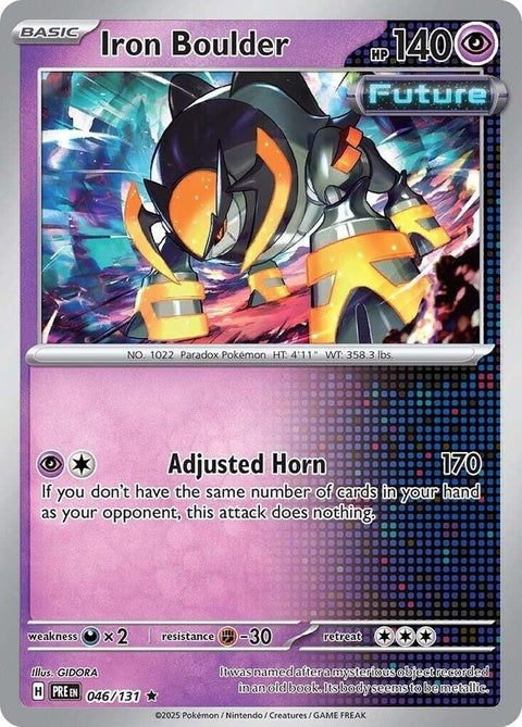 Pokémon Prismatic Evolutions Iron Boulder 46 single card featuring a detailed illustration of Iron Boulder from the Pokémon Trading Card Game.