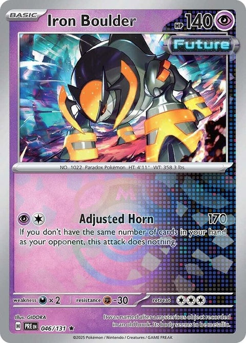 Pokémon Prismatic Evolutions Iron Boulder 46 card with Master Ball pattern, featuring vibrant colors and detailed design.