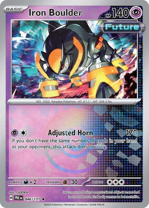 Pokémon Prismatic Evolutions Iron Boulder 46 card featuring a Poke Ball pattern on a sleek, collectible Pokémon trading card.