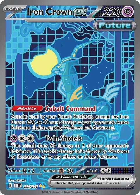 Pokémon Prismatic Evolutions Iron Crown EX single card featuring vibrant artwork and detailed design.