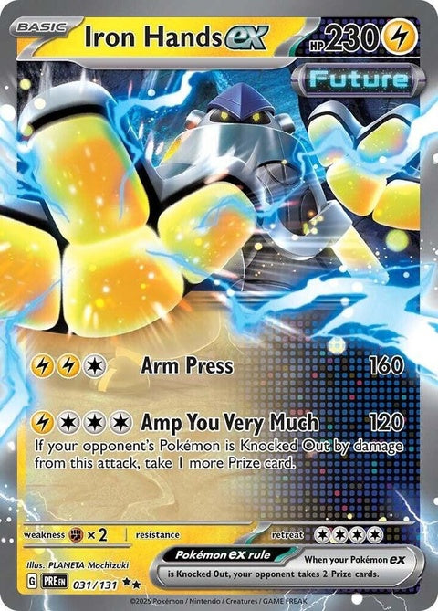 Pokémon Prismatic Evolutions Iron Hands EX single card showing a muscular Pokémon with electric and fighting type design.