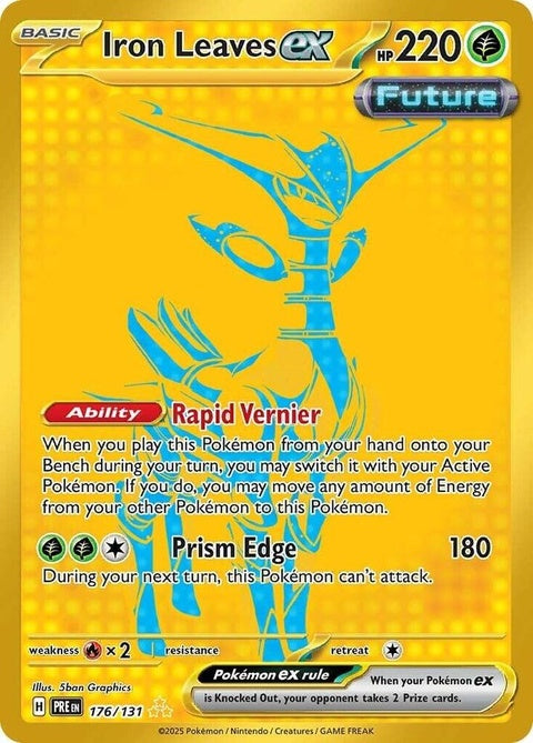 Pokémon Prismatic Evolutions Iron Leaves EX single card featuring vibrant artwork and detailed design.