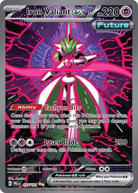 Pokémon Prismatic Evolutions Iron Valiant EX single card featuring a detailed illustration of the Iron Valiant Pokémon.