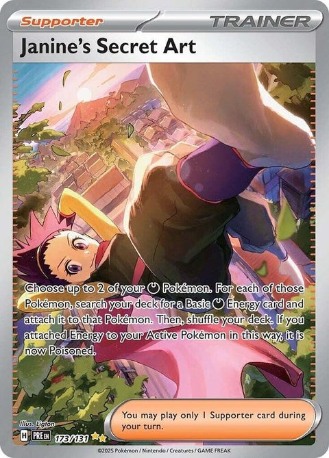 Pokémon Prismatic Evolutions Janine's Secret Art Pokémon card, featuring vibrant artwork of Janine, a single collectible card.