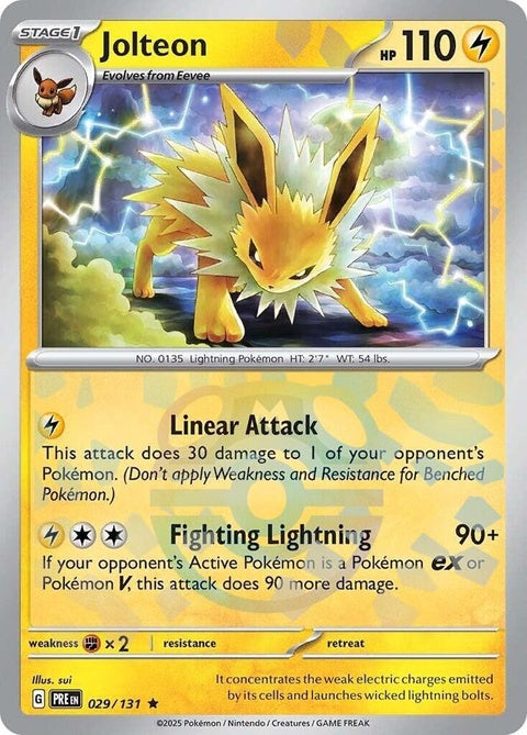 Prismatic Evolutions Jolteon Pokémon card with Master Ball pattern, showcasing vibrant artwork and detailed design.