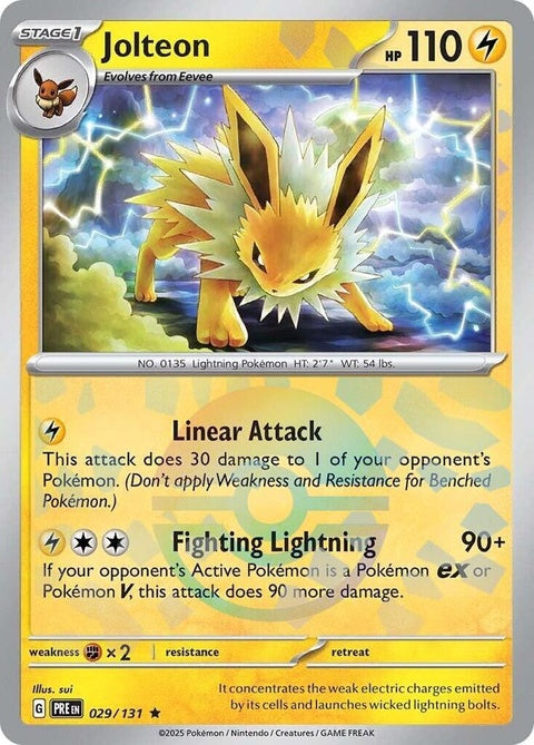 Prismatic Evolutions Jolteon Pokémon card with Poke Ball pattern, showcasing vibrant artwork and unique design elements.