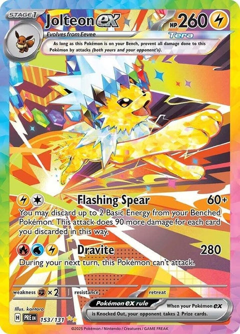 Pokémon Prismatic Evolutions Jolteon EX single card featuring vibrant artwork of Jolteon in a dynamic pose.