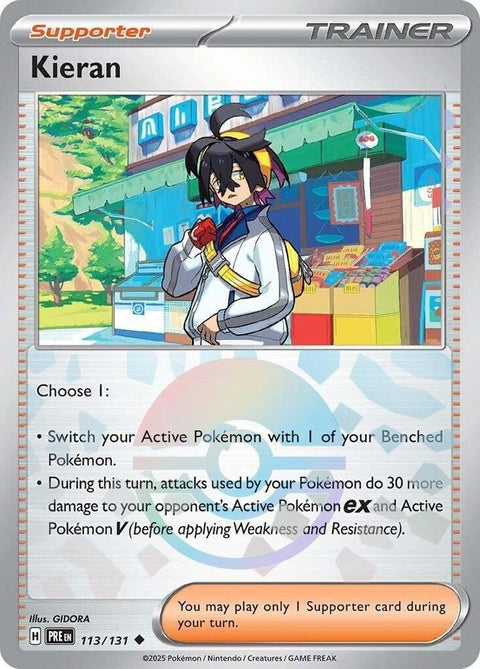Pokémon Prismatic Evolutions Kieran card with Poke Ball pattern, featuring vibrant colors and detailed artwork.