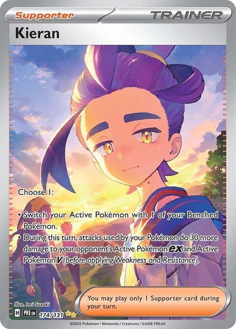 Pokémon Prismatic Evolutions Kieran 174 single card featuring vibrant artwork of a Pokémon with a prismatic background.