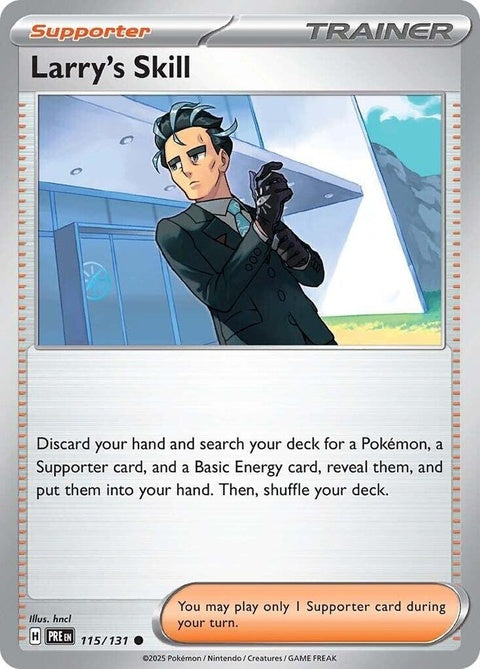 Pokémon Prismatic Evolutions Larry's Skill single card featuring colorful artwork and detailed design.