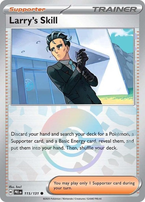 Pokémon Prismatic Evolutions Larry's Skill trading card featuring a Poke Ball pattern and vibrant artwork.