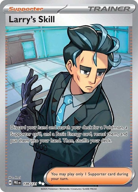 Pokémon Prismatic Evolutions Larry's Skill 139 single card featuring colorful artwork and Pokémon branding.