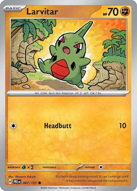 Prismatic Evolutions Larvitar Pokémon trading card, featuring vibrant artwork and detailed design for collectors and players.